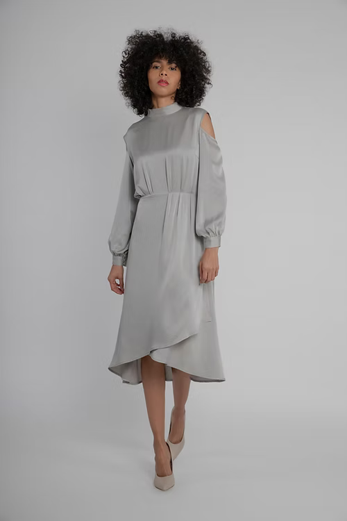 Cold Shoulder Pleated Mulberry Silk Dress