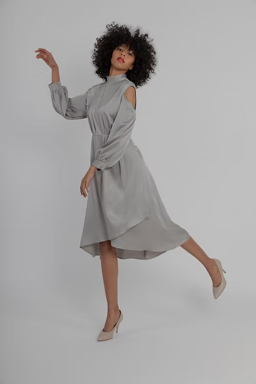 Cold Shoulder Pleated Mulberry Silk Dress