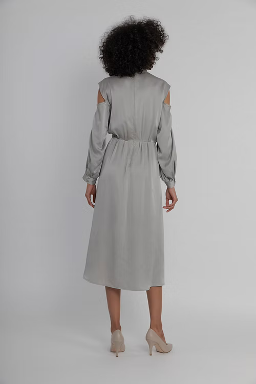 Cold Shoulder Pleated Mulberry Silk Dress