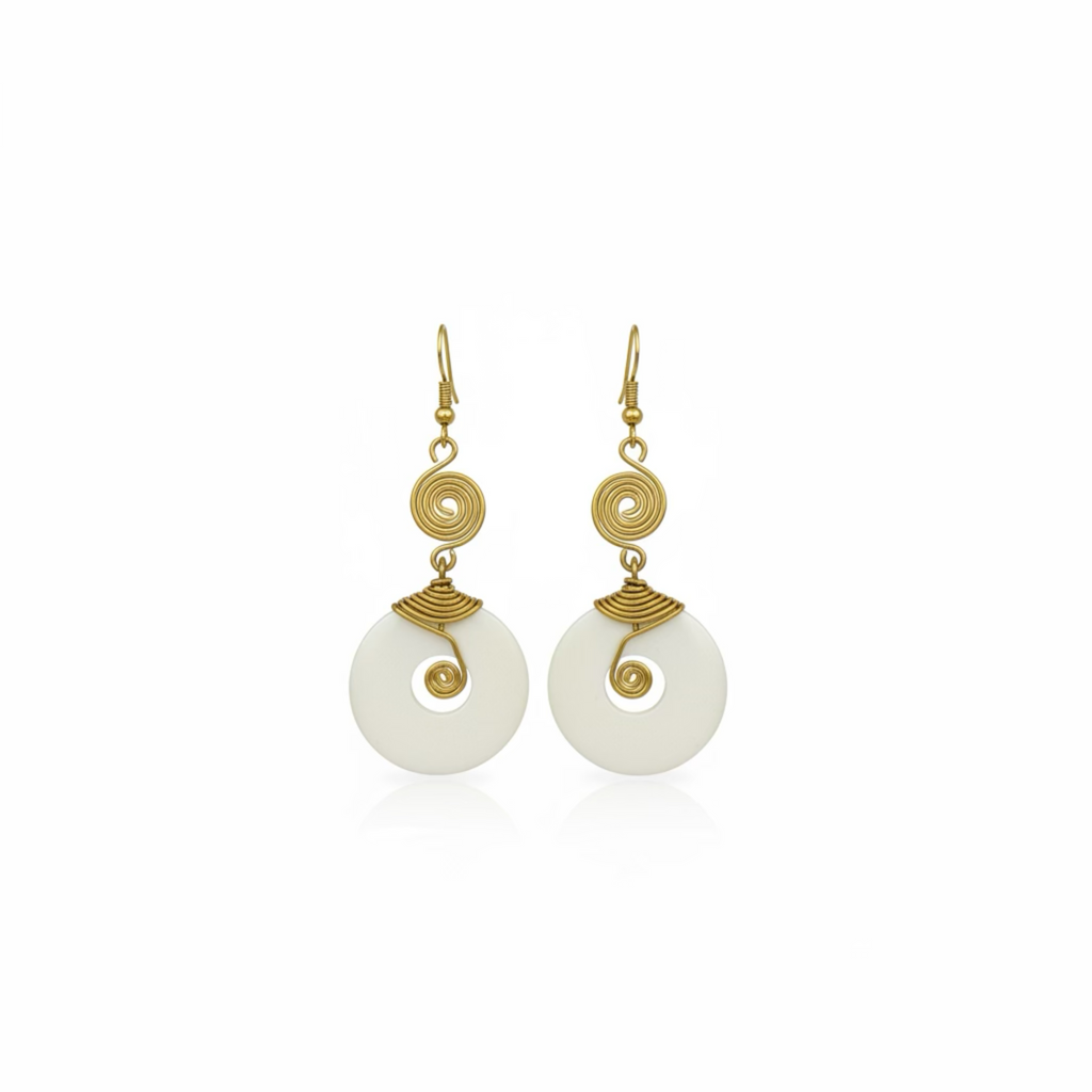 Elegant drop earrings crafted from brass with a wire-wrapped design and a hook closure, featuring a symbolic charm that enhances their timeless appeal.