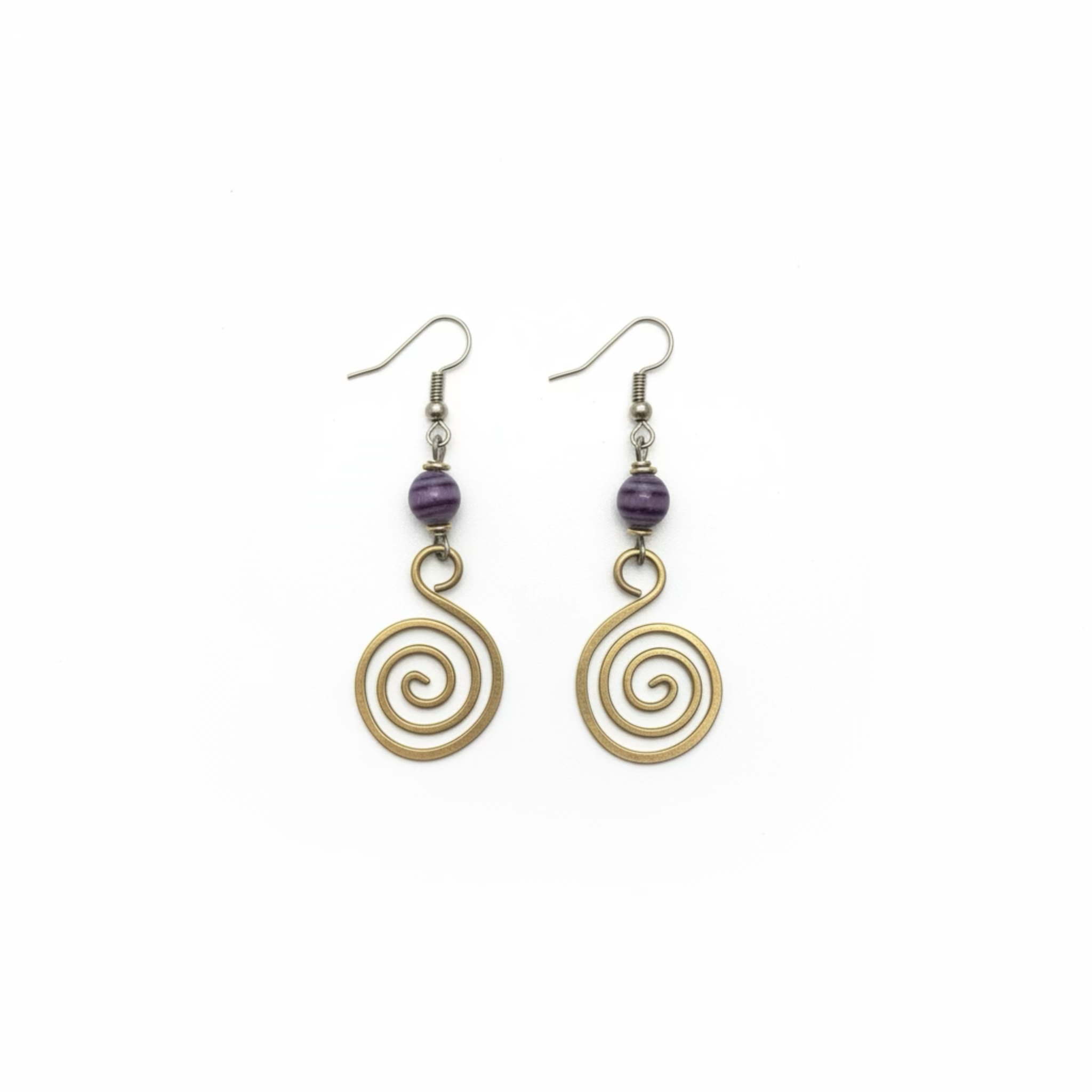 Drop earrings featuring round amethyst charms and a brass wire-wrapped design.