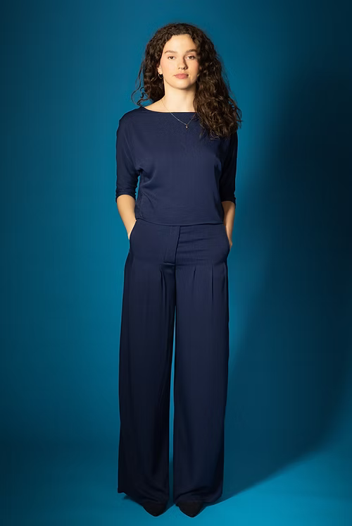 Boat Neck Viscose Blouse - Dark Blue