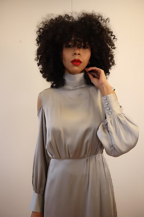 Cold Shoulder Pleated Mulberry Silk Dress