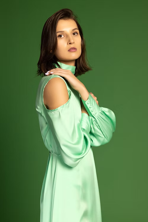 Cold Shoulder Pleated Mulberry Silk Dress -Quiete Wave