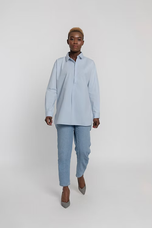 Organic Cotton Half Placket Boyfriend Shirt - Blue